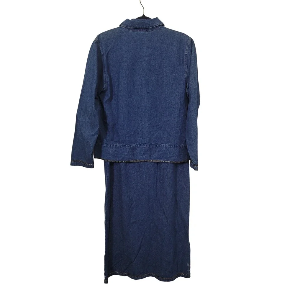 Field Manor Size 12 Denim Dress and Jacket Set Womens Embroidered Beaded Blue